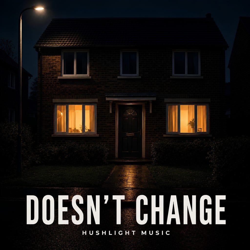 Doesn’t Change cover artwork: a lit house at night with the front door closed