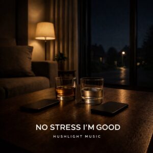 NO STRESS (I'M GOOD) by HUSHLIGHT MUSIC – cover artwork: a lamp-lit room at night with two glasses and two phones on a table